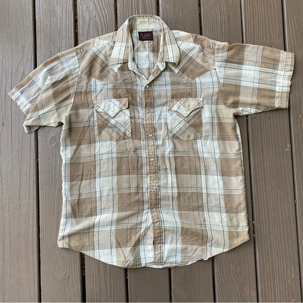 Plains Pearl Snap Western Button Down Short Sleeve Men’s Large Distressed